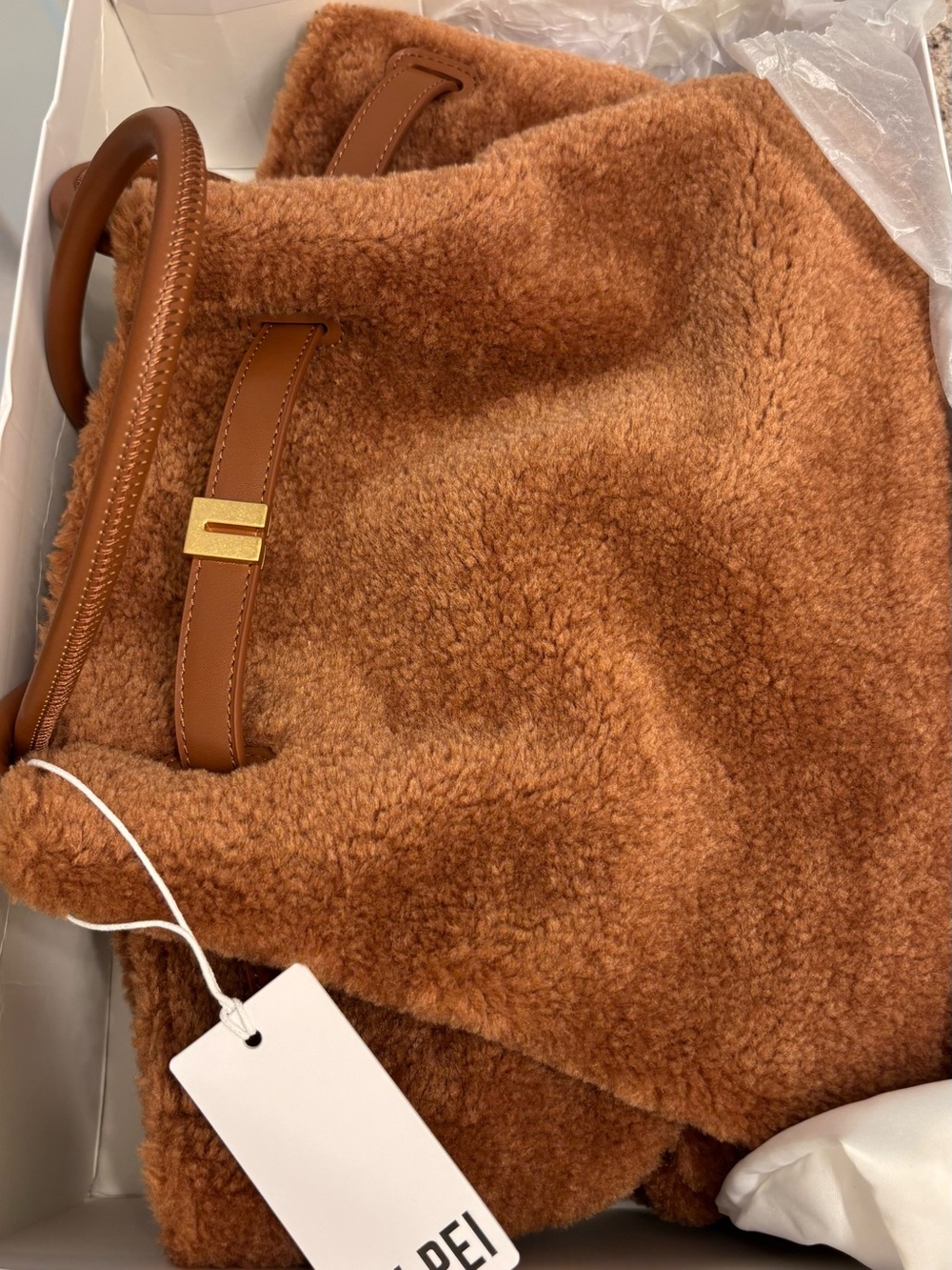 JW PEI Cognac Faux Shearling Tote with Leather-Style Handles - Picture 6 of 6